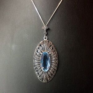 Sterling Silver Necklace with Faceted Blue Topaz and Marcasite Oval Pendant